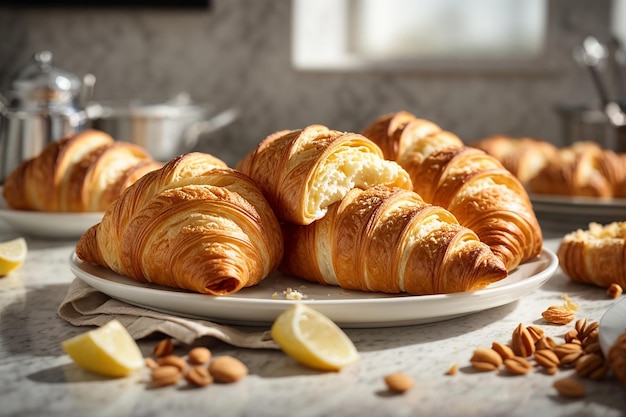 Croissants frescos num prato branco na cozinha