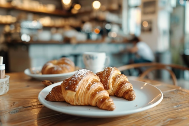 Croissants frescos en un plato blanco en la mesa en un restaurante interior desayuno delicioso