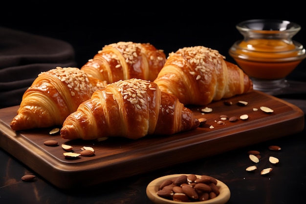 Croissants frescos semillas de sésamo tablero de madera deliciosos productos horneados