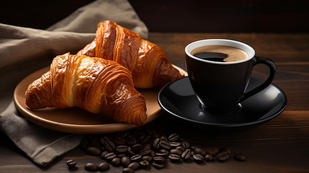 Croissants frescos y una taza de café negro en la mesa