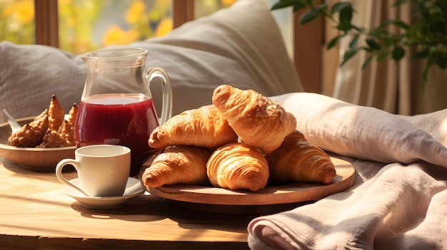 Croissants, geleia e café servidos num sofá aconchegante.