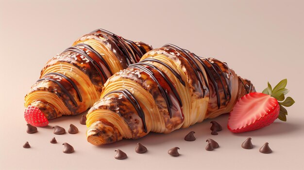 Croissants gourmet con chocolate y fresas de fresa, una delicia culinaria