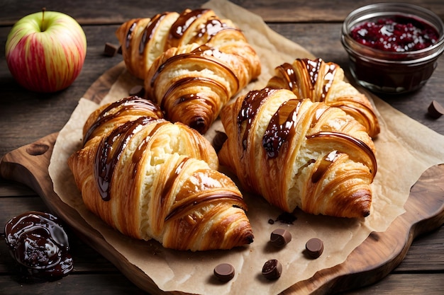 Croissants con mermelada de chocolate y pastel dulce de manzana vista desde arriba