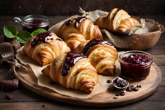 Croissants con mermelada de chocolate y pastel dulce de manzana vista desde arriba