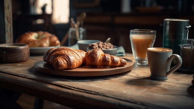 Croissants y mermelada en una mesa de madera en una cocina rústica ai generativo