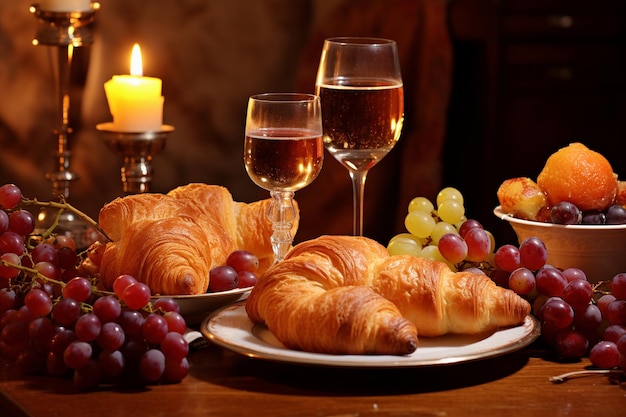 Croissants y una mesa a la luz de las velas para un desayuno romántico