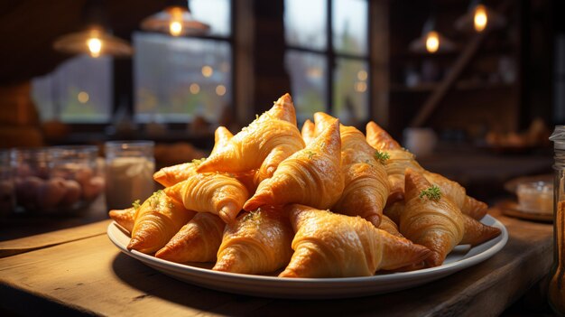 Croissants en mesa de madera en la mañana generativa ai