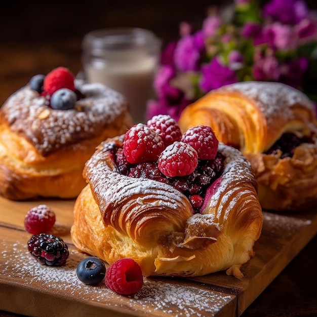 Croissants mit Beeren auf einem Holztisch Frühstück