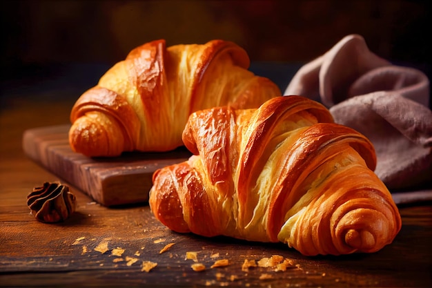 Croissants na mesa luz quente Generative AI Generative AI