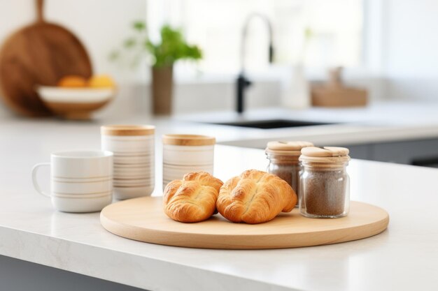 Croissants na tábua de cortar na cozinha