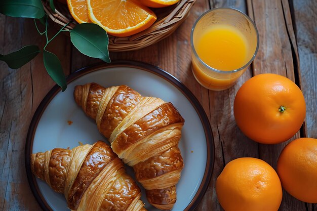 Croissants Naranjas y jugo de naranja en un tablero de madera