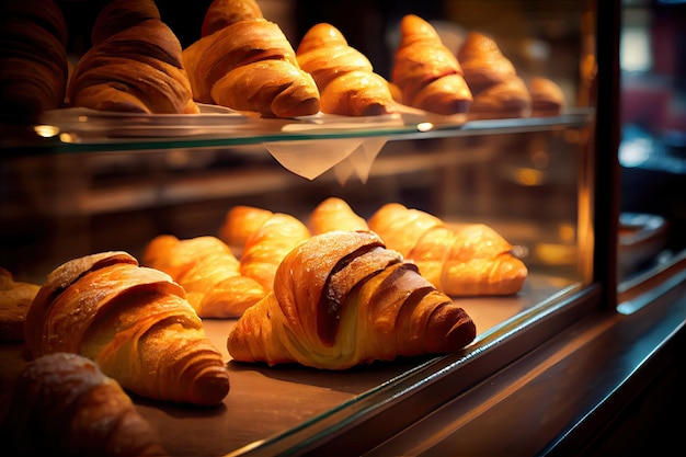 Croissants en panadería tradicional pastelería de desayuno francés