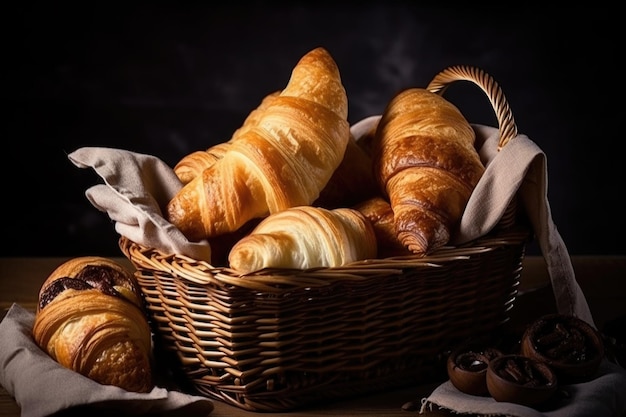 Croissants y pasteles caseros en canasta listos para servir creados con ai generativa
