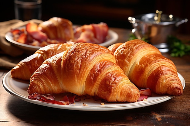 Croissants en un plato con mango cortado y lima