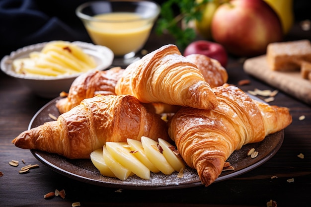 Croissants en un plato con mango cortado y lima