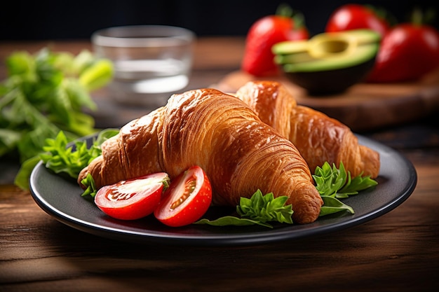 Croissants en un plato con mango cortado y lima