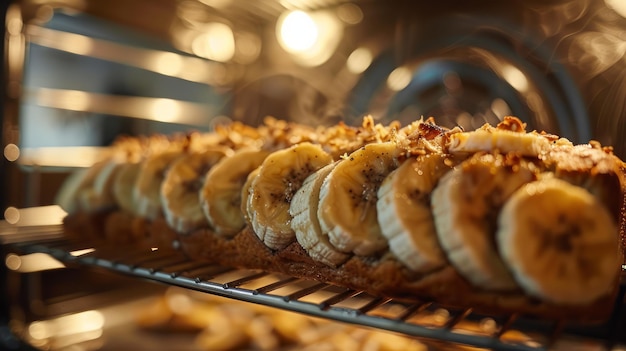 Croissants recém-cozidos com coberturas de amêndoa em exposição em uma padaria aconchegante com iluminação ambiente quente