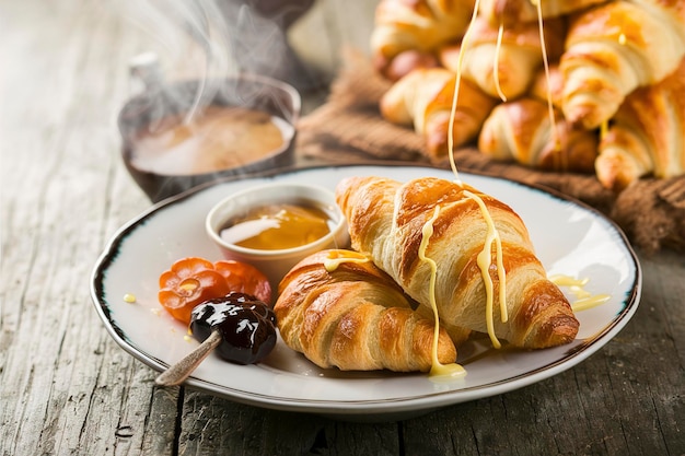 Croissants recém-cozidos com geleia de mel e café para o pequeno-almoço