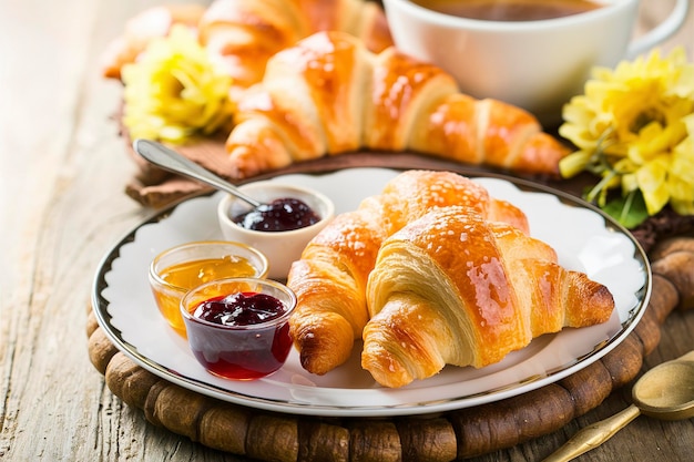 Croissants recém-cozidos com geleia de mel e café para o pequeno-almoço