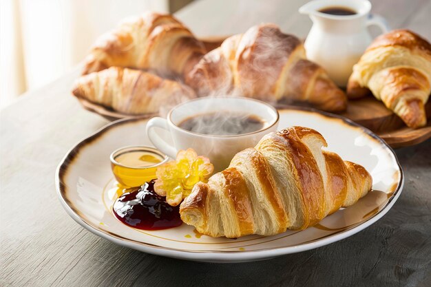 Croissants recém-cozidos com geleia de mel e café para o pequeno-almoço