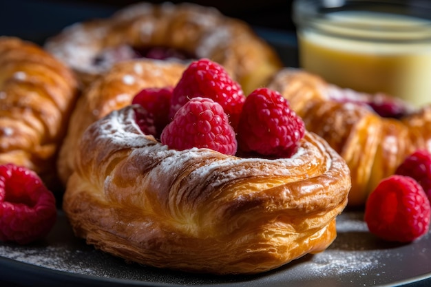 Croissants recém-cozidos com mistura de bagas e cerejas Delicioso croissant de framboesa para o pequeno-almoço Criado com Tecnologia Generative Ai