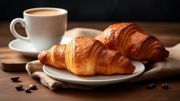 Croissants recém-cozidos com uma chávena de café em um fundo simples