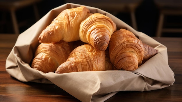 Croissants recém-cozidos em sacos de papel rústicos posicionados sobre um fundo branco limpo