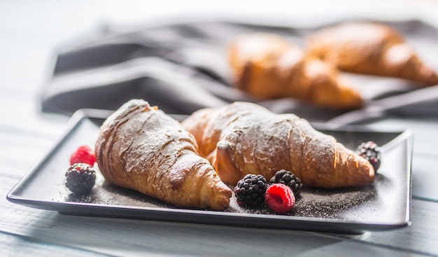 Croissants recém crocantes polvilhados com açúcar em pó com framboesa amora e mirtilo com folhas de melisa.