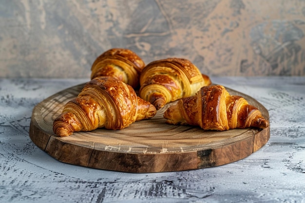 Croissants recién hechos listos para servir en un plato de madera de época