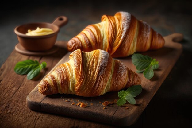 Croissants recién hechos en una tabla de madera Generación de IA