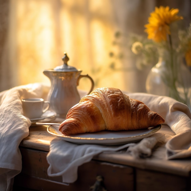 Croissants recién horneados en una bandeja