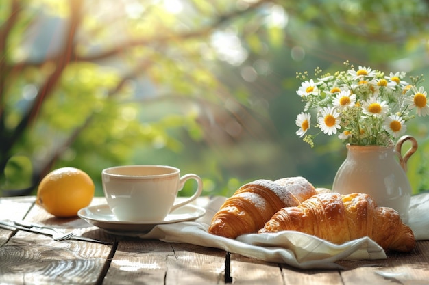 Croissants recién horneados Café y margaritas en una mesa de madera