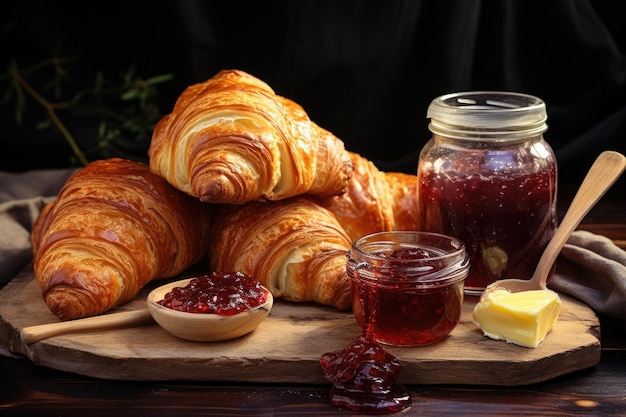 Croissants recién horneados con mantequilla y mermelada