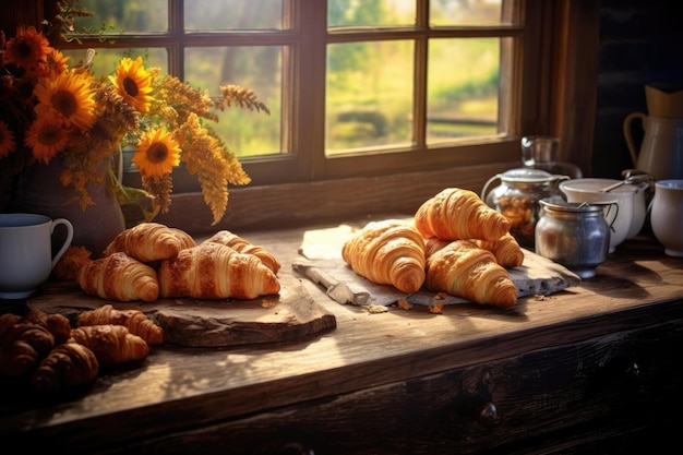 Croissants recién horneados en una mesa de madera rústica creada con ai generativo