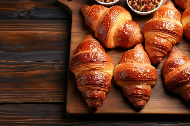 Croissants recién horneados en la vista superior de la mesa de madera foto realista generada por IA