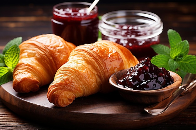 Croissants servidos con un lado de yogur griego y miel