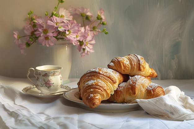 Croissants con una taza de café y flores rosas