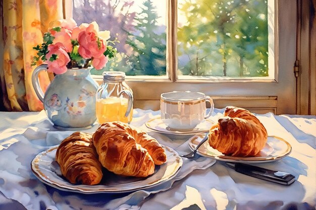 Croissants y una taza de café en un mantel blanco acuarela