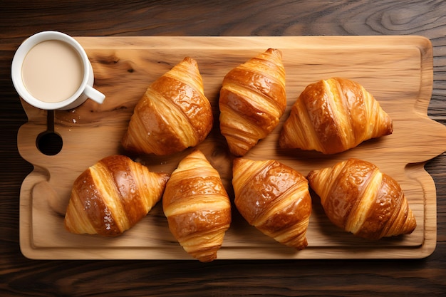 Croissants tazas de tablero de madera café escena del desayuno pasteles recién horneados