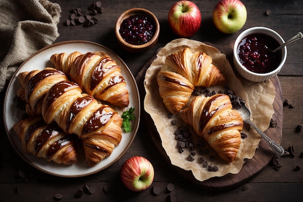 Croissants tradicionais com geleia de chocolate e bolos doces de maçã vista de cima estilo rústico