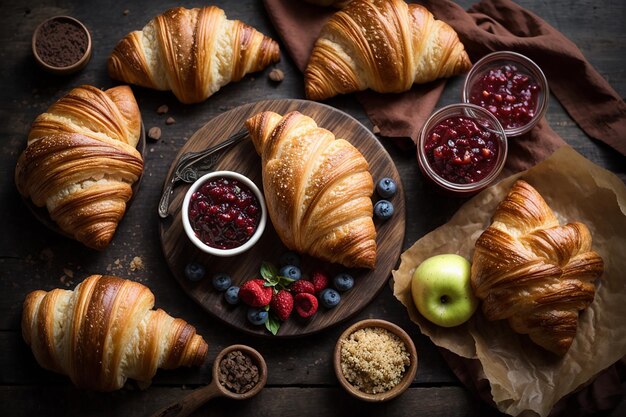 Croissants tradicionais com geleia de chocolate e bolos doces de maçã vista de cima estilo rústico