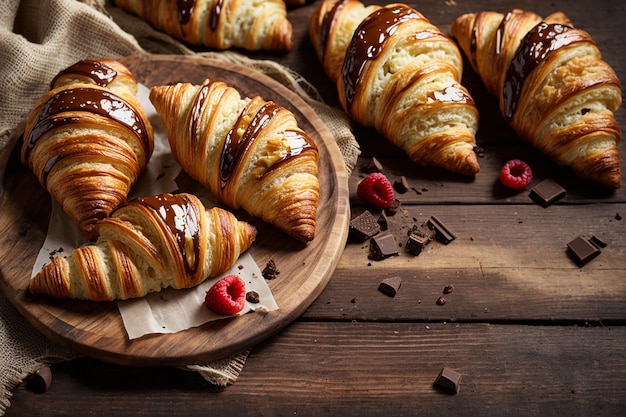 Croissants tradicionais com geleia de chocolate e bolos doces de maçã vista de cima estilo rústico