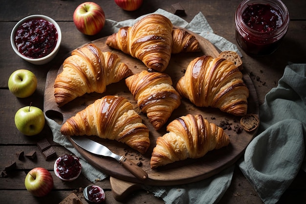 Croissants tradicionales con mermelada de chocolate y pasteles dulces de manzana vista desde arriba estilo rústico