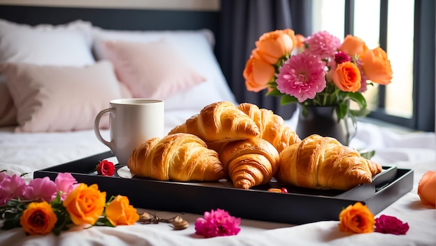 Croissants, uma xícara de café floresce em uma bandeja no quarto