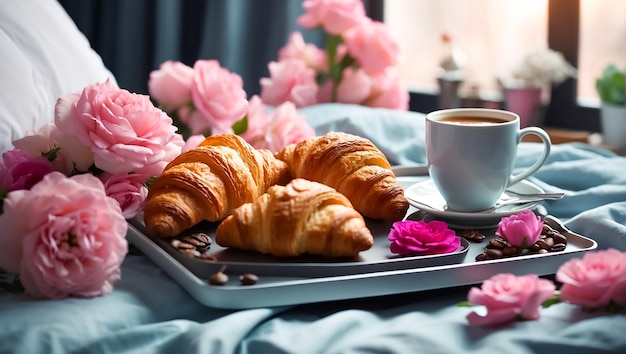 Croissants, uma xícara de café floresce em uma bandeja no quarto