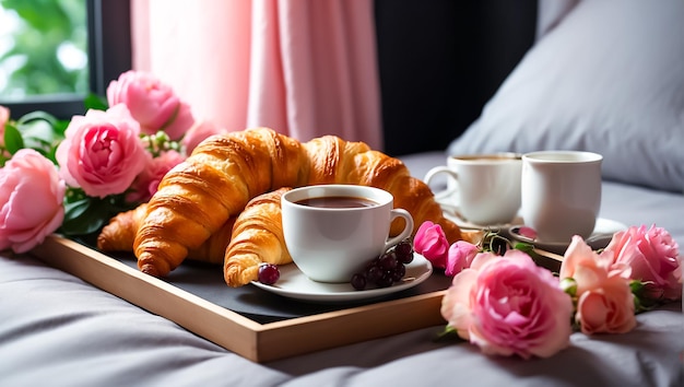 Croissants, uma xícara de café floresce em uma bandeja no quarto