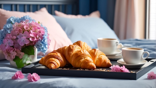 Croissants, uma xícara de café floresce em uma bandeja no quarto