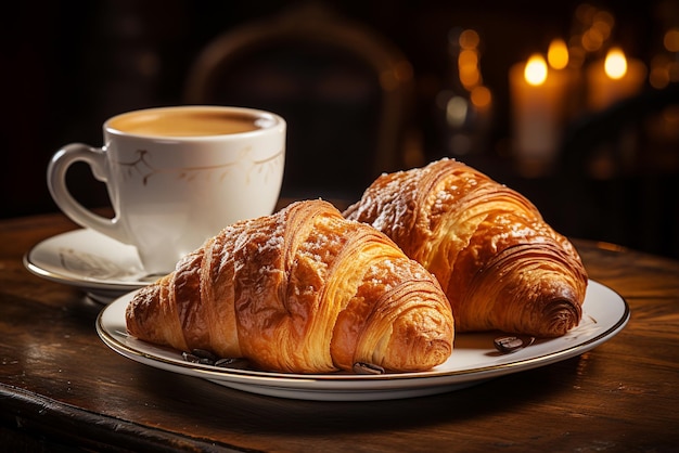 Croissants und eine Tasse Kaffee auf einem Tisch. Französisches Frühstück am Morgen mit Gebäck