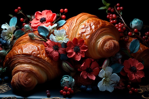 Croissants und Kaffee auf einem Holztablett