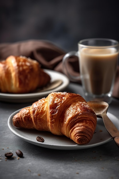 Croissants und Kaffee in einer Tasse auf rustikalem Holz